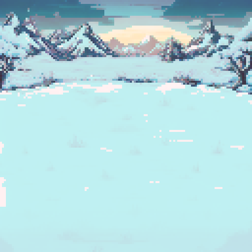 Snow-covered plains framed by leafless, barren trees under a cold, twilight sky. Rugged, snow-capped mountains rise in the distance, with a soft glow of a setting sun on the horizon. The scene is dominated by icy whites and muted blues, with faint shadows creating a chilly and tranquil atmosphere.