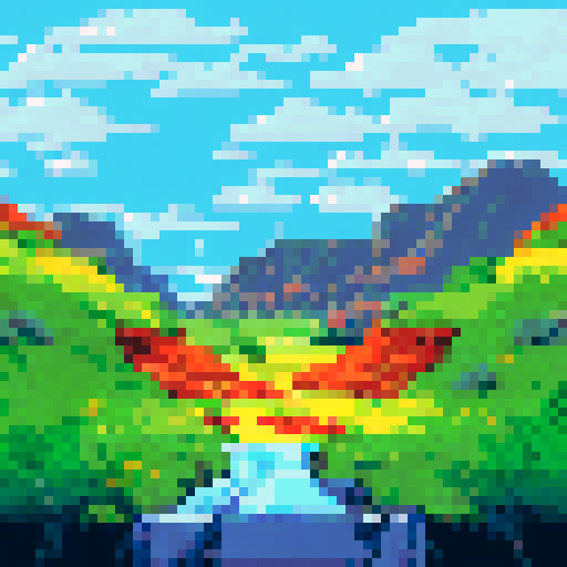 Foamy head, amber liquid, condensation droplets, label peeling off, nestled in a grassy field, surrounded by rolling hills, with a bright blue sky overhead, all in pixelated perfection