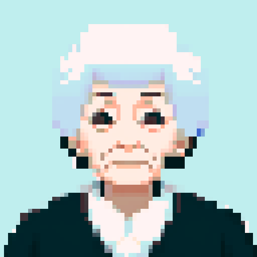 portrait of an old woman, no facial har, white button down shirt and black hair on his head