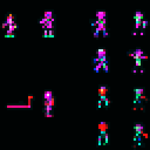 futuristic, cybernetic character with metallic armor, glowing neon accents, wielding a laser sword, running, attacking, falling animations in retro pixel art style, vibrant sRGB colors