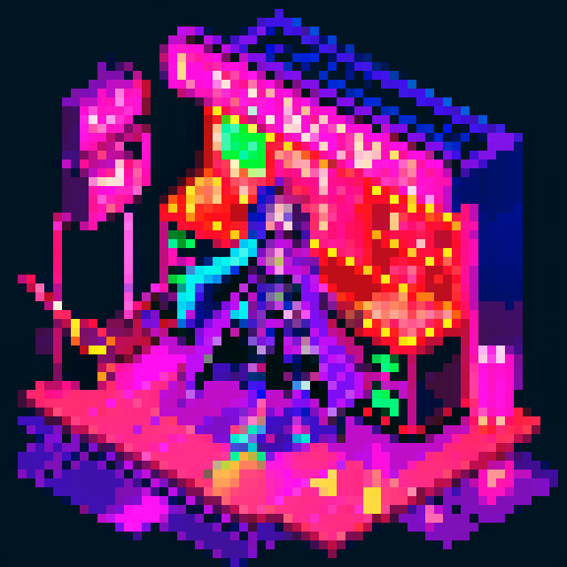 magic mage cyberpunk girl with vibrant purple hair, glowing tattoos, and a flowing cloak, surrounded by holographic neon signs and futuristic market stalls, all rendered in pixel art with a vivid sRGB color palette