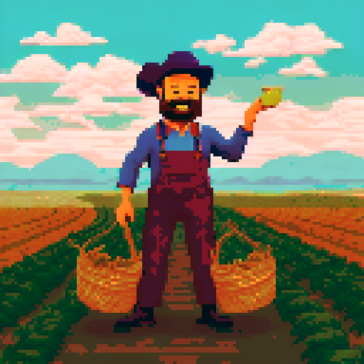A jovial farmer, adorned in opulent attire, stands amidst sacks of money, pixelated backdrop of rolling hills and azure skies in vibrant sRGB hues
