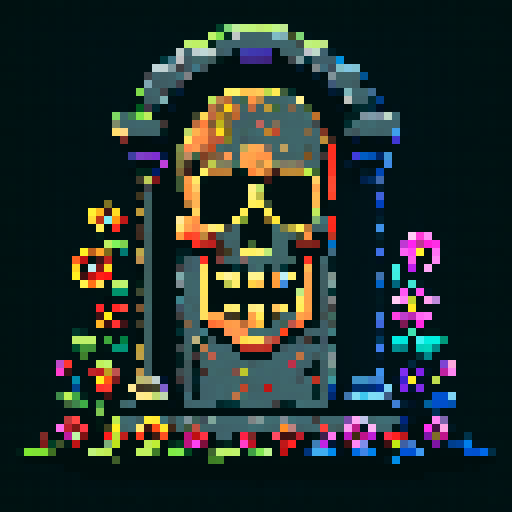 Tombstone, weathered and cracked, adorned with intricate pixel art flowers, against a vibrant sRGB against dark background