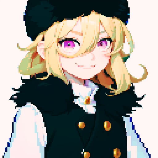Solo male with perfect anatomy, straight-on, inframe, facing viewer, with round pupils, light blonde hair between eyes, wearing an ushanka hat with a black fur collar, a black vest, puffy sleeves, and black elbow gloves, his round eyes and pink eyes looking at the viewer, smile, in a pixel art style with sRGB colors, half closed eyes, best quality