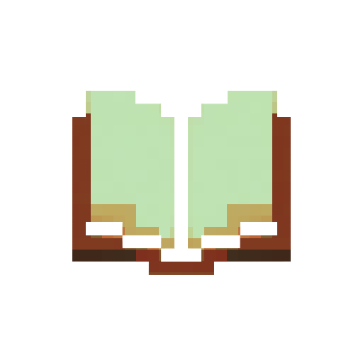 open book icon, 32x32 pixels, minecraft style, brown leather with beige pages, thick black outline, simple pixel art, flat colors