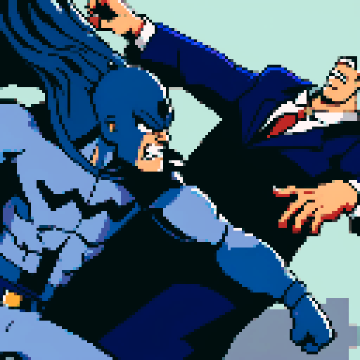 cartoon character with bulging muscles, wearing a vibrant blue suit, throwing a powerful punch at a menacing, wide-eyed evil villain with sharp teeth, in a dynamic pixelated scene with bold, contrasting colors inspired by sRGB