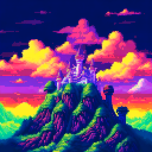 Dark castle on a jagged island shrouded in ominous purple light, while a lighter castle on a smooth island glows with a warm yellow hue, both racing through a mystical portal in a pixelated sRGB landscape