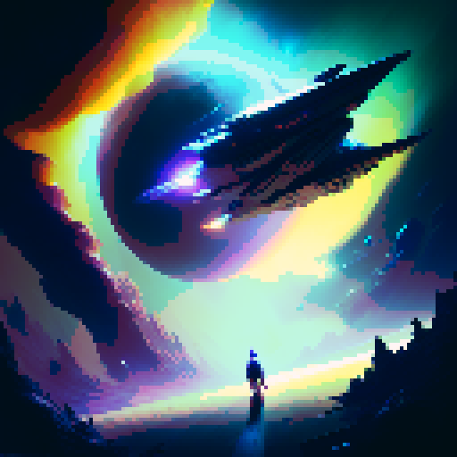 spaceship, sideview, vibrant galaxy, swirling nebulas, twinkling stars, pixel art, srgb