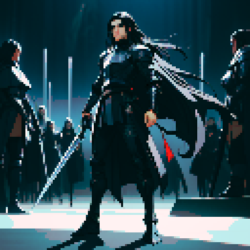 full-body image, male knight, man in black armor, giant sword, long black hair, sexy, male dark knight, giant sword, huge long sword, long hair, facing left, ready to fight, very long sword