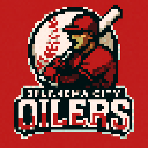 Pixel art of a fictional baseball team called the Oklahoma City Oilers. red, black and white, sharp outlines, and soft pixel shading. The logo design mimics 80s MLB logos. Use a vibrant Sega Genesis 16-bit style with selective dithering, geometric forms, and nostalgic retro charm. Avoid modern gradients—keep it pure pixel art.