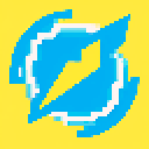 lightning bolt, pixel art, vibrant yellow and blue, thumder and lightning, sparks, clean and simple design, visually appealing, conveying power and electricity, easily recognizable icon, minimalistic style