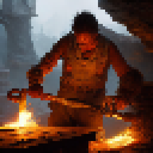 Glowing embers illuminate a rugged blacksmith's forge as a skilled craftsman hammers a shining, intricately-carved, magical broadsword, adorned with glowing runes, amidst a dimly-lit fantasy RPG world.