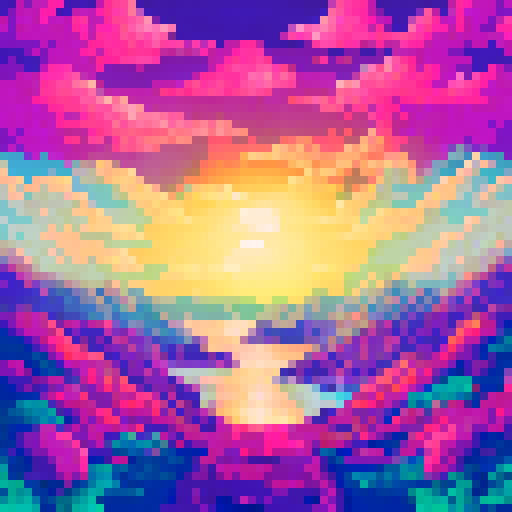 Falling pink petals, delicate and light, fluttering down against a vibrant pixelated sky, creating a dreamy sRGB landscape