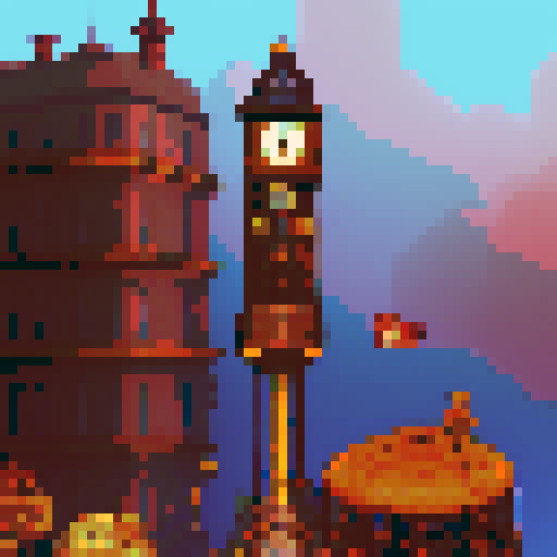 steam clock tower, tall and majestic, intricate gears and cogs, billowing steam, vibrant colors, nostalgic charm, pixel art