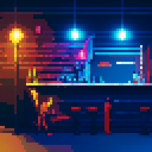 Create a pixel art 16 bit illustration of a cyberpunk bar with a detailed bar counter. The scene should have a side-scroll perspective, capturing the bustling atmosphere typical of 2D games. Make sure to include neon lights, futuristic decor, and characters interacting within the bar. The image should have a trendy and stylish aesthetic, reflecting the vibrant and edgy nature of the cyberpunk genre.