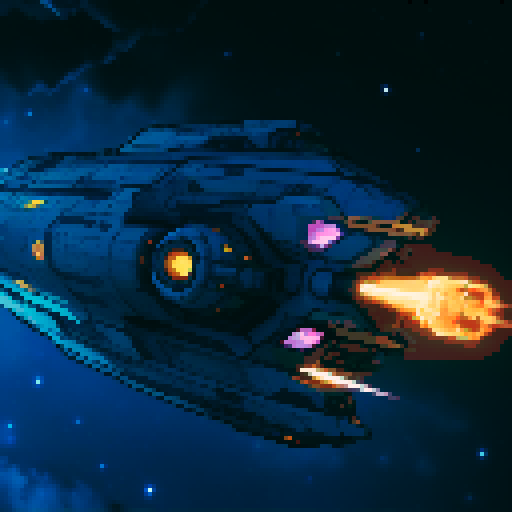 spaceship with sleek metallic exterior, glowing engine fires, starry backdrop, vibrant pixel art, sRGB colors