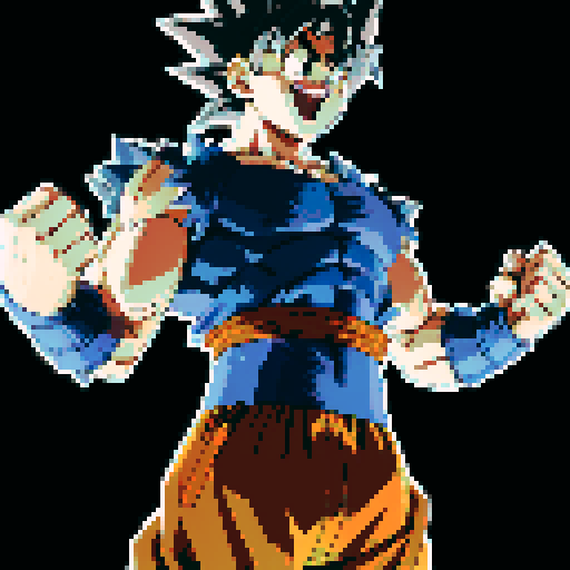 Create a pixel art of Goku, with accurate features: spiky hair, orange and blue suit. It should mimic the anime’s style, resembling classic 8-bit video game art and be highly recognizable. make it as detailed as you can fit within the space try to generate the rest of the body, turn his hair white with shading 