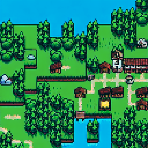 tall vibrant trees, whimsical mushrooms, cozy houses, colorful flowers, pixelated landscapes, enchanting atmosphere, immersive world, nostalgic art style, charming scenery, intricate designs, lively flora and fauna, landscape portrait
