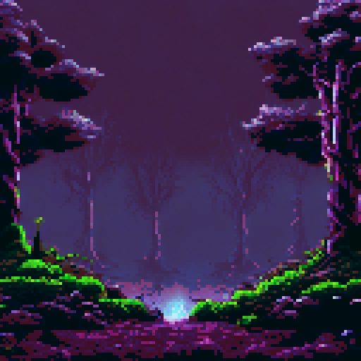 Eerie twisted trees, illuminated by electric bolts, tower over a desolate landscape in a pixelated sRGB rendering of a dark and menacing forest during a thunderstorm