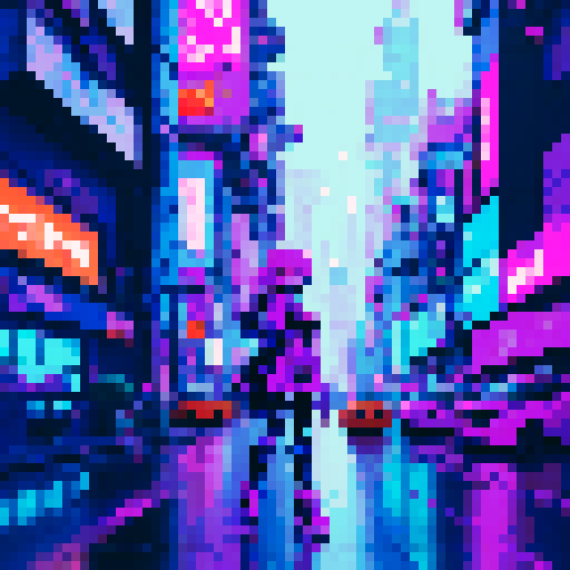 anime-style, cyberpunk, cute character with big, expressive eyes, vibrant neon colors, futuristic cityscape filled with towering skyscrapers and holographic billboards, pixel art aesthetic, glowing neon signs reflecting off rain-soaked streets, characters wearing edgy, futuristic fashion, dramatic lighting casting long shadows, intricate circuitry and glowing cybernetic