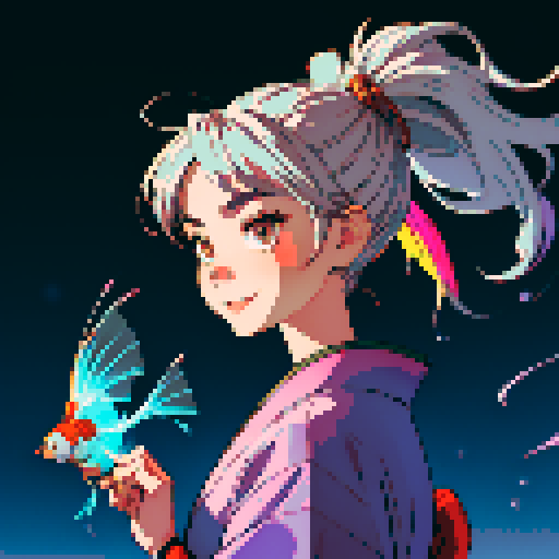 Silver-haired girl wearing a traditional Japanese kimono with a ponytail hairstyle, the color of the kimono is brown She has a smiling expression, surrounded by flying glowing goldfish, against a cyberpunk night scene background in pixel art style
