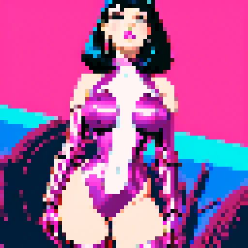 pale, 5'3" PETITE busty woman, Bettie Page, vibrant sci-fi landscape, sleek swimsuit-inspired outfit, futuristic design elements, 80s aesthetic, form-fitting, shades of pink or red, metallic accents, minimalistic details, curvy, busty build, shoulder pads, enhanced silhouette, strength, thigh-high boots, gauntlets, pixel art, sRGB