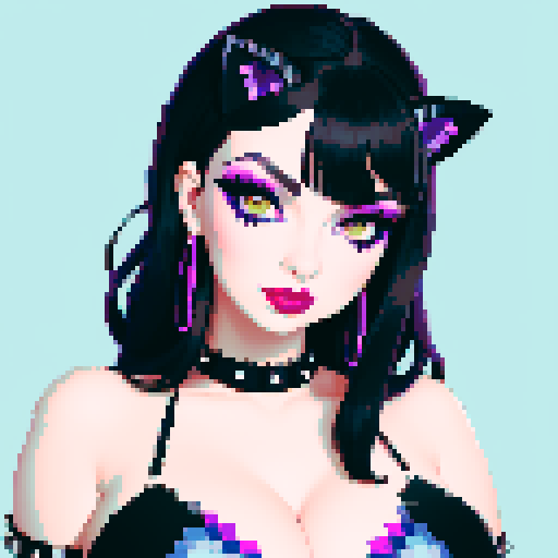 curvy, cute goth cat girl face, black hair, purple eyeshadow, red lipstick, studded leather, face portrait, glamour shot, vibrant sRGB colors, pixel art
