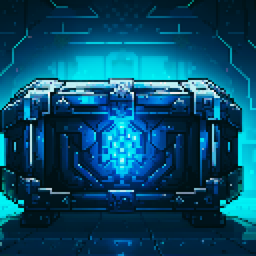 mystery box, stone, metall, shiny, pixel art, sRGB, vibrant colors, glowing lights, intricate patterns
