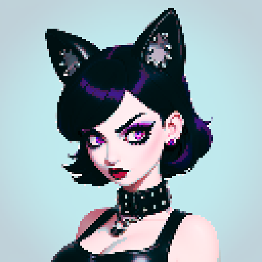 curvy, cute busty greaser goth girl's face, goth cat girl, whole head portrait, black hair, purple eyeshadow, red lipstick, low cut black studded leather halter top, studded collar, game avatar portrait, vibrant sRGB colors