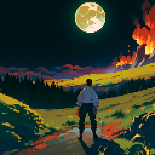 The scene is set as the main protagonist, gurney as seen in the bottom right is on a hill looking over a desolate area with sparse plant life up in flame. We see the back of his head, with his distinct jaw and a cigarette in his mouth. in the distance is a large laboratory, which has smoke coming out of it and a hole in the top. The sky is full of starts, a moon and a distant alien planet. Gurney must be present with his distinct head seen in the reference image, his green top dark brown pants