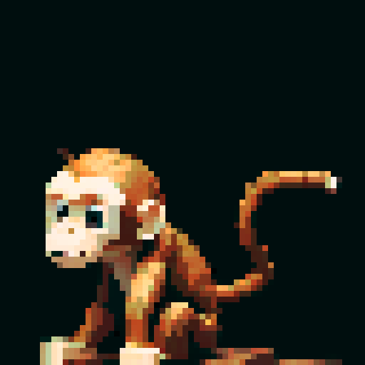 wooden, mechanical-feel, monkey sculpture, branch in hand, sitting on floor, tilted head, white background, Jean-Baptiste Monge style, pixel art, sRGB