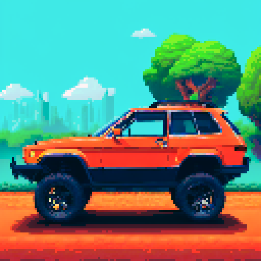 Photorealistic, centered Jeep Cherokee in a three quarter view, right wheel in front, clean background, pixel art style with sRGB colors