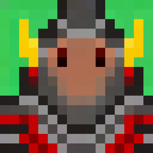 Fiery, horned devil with piercing red eyes and a wicked grin stares out from a 16x16 pixel portrait, surrounded by flames and smoke.