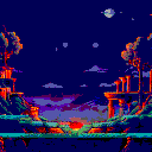 huge observation tower atop a mountain, distant view, black night sky, twinkling glowing stars, sRGB, pixel art, background, landscape