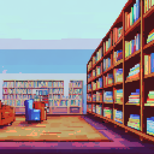 Bookstore, cozy, with shelves overflowing with books, pixelated book covers, creating a charming, sRGB, 2d pixel art scene