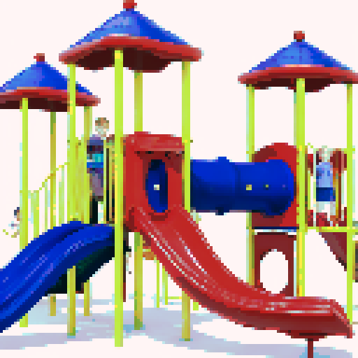Playground equipment, vibrant colors, whimsical shapes, slide, swing, merry-go-round, see-saw, pixelated, retro aesthetic, no background