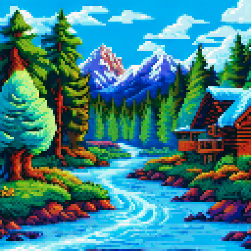 Snow-capped peaks towering over pine forests and frozen lakes, with a cozy cabin nestled in the valley, all rendered in a vibrant, pixelated art style on an sRGB background
