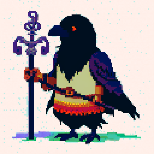 raven-like druid with beard, staff in hand