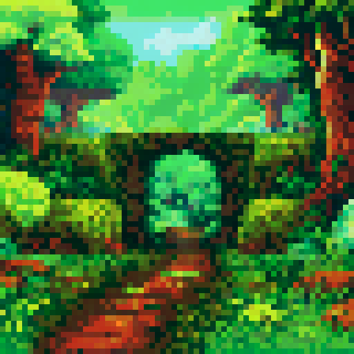 Moss-covered stone walls, winding paths, towering hedges, vibrant flowers, and a hidden entrance, all within the confines of a pixelated, sRGB, pixel art landscape