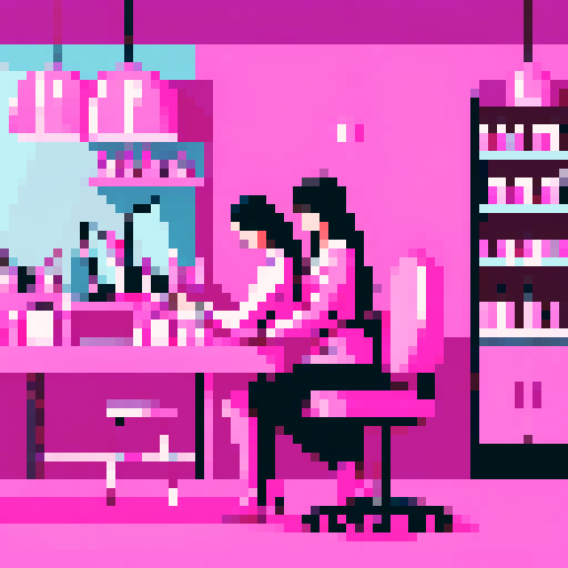 A nail tech doing a client's nails at a table in a pink nail salon.