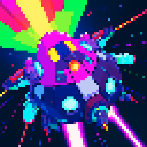 space ship with vibrant colors and sleek design, shooting vibrant lasers at a swarm of organic enemies with tentacle-like appendages, firing white energy balls in a pixelated, sRGB art style
