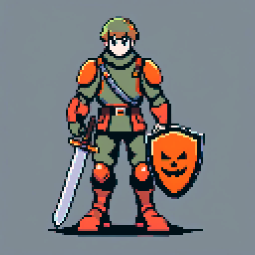 A soldier ready for battle with sword and a shield made of pumpkin