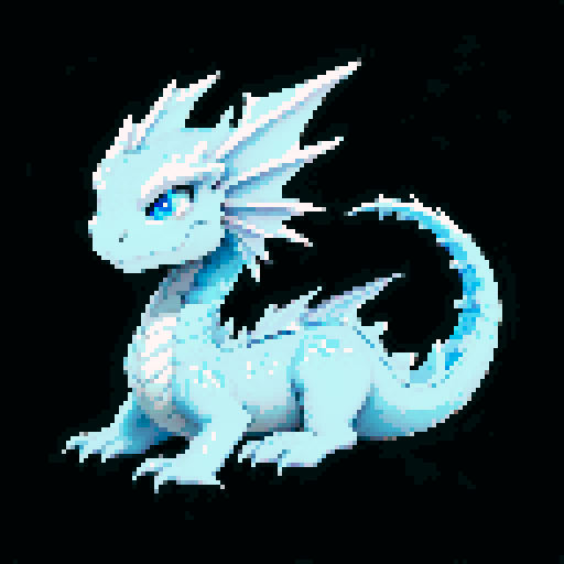 A dragon with icy blue scales and frost-covered wings. It has a cold, piercing gaze and an icy breath that can freeze anything in its path. Its body emits a chilling aura, and it has a stern, formidable expression. No background.

