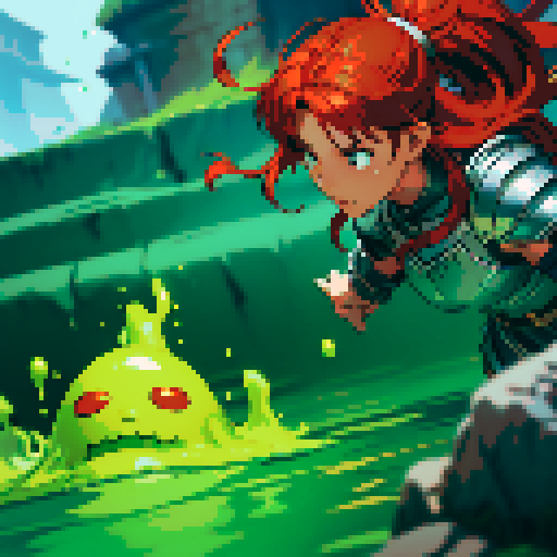 hero sinking into slime, hero drowning in slime, hero has red hair, hero has silver armor