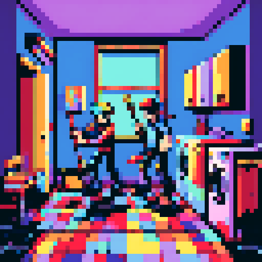 Two broom-wielding figures, engaged in a lively duel, amidst the vibrant colors and blocky pixels of a laundry room