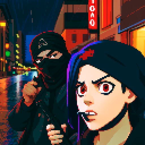 Girl on the right smoking a cigarette, guy on the left holding a gun with a black bandanna covering his face, gritty, rainy, nighttime, downtown