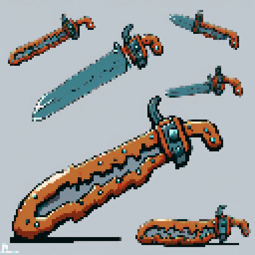 I want the blade of an ancient magical chainsaw constructed out of copper and gems. It should look huge (10 meters long at least), very complex and expensive, and very old. I also want this object usable an asset in a videogame, meaning only one object per image, outlined with a strong black stroke, on a solid-color background.