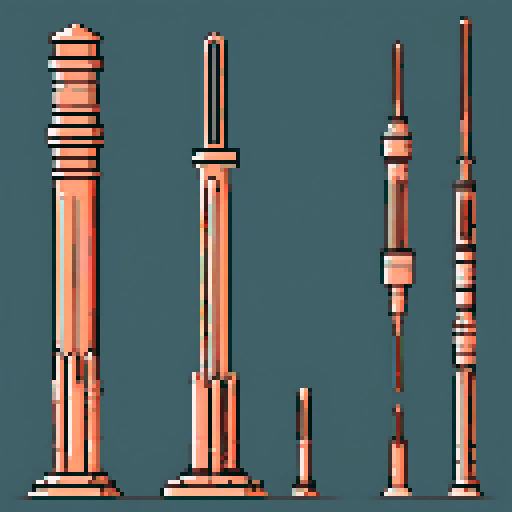 I want a tall vertical copper structure reminiscent of a organ pipe. It should have strange mechanical details that could interlock with each other. I also want this object usable an asset in a videogame, meaning only one object per image, outlined with a strong black stroke, on a solid-color background.