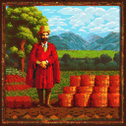 A jovial farmer, adorned in opulent attire, stands amidst bags of golden coins, framed by a pixelated backdrop of rolling hills and azure skies in vibrant sRGB hues
