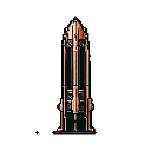I want a tall vertical copper structure reminiscent of a organ pipe. It should have strange mechanical details that could interlock with each other. I also want this object usable an asset in a videogame, meaning only one object per image, outlined with a strong black stroke, on a solid-color background.